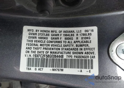 2016 Honda Civic Lx из США, поврежденный, VIN 19XFC2F58GE064448